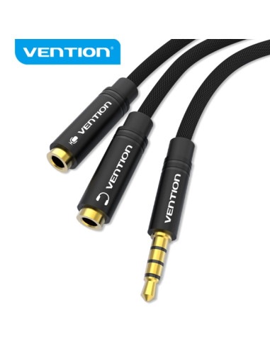 Vention Cable Divisor de Audio - Sincronizacion de Audio y Microfono - Tela Trenzada - Conector Escalonado - Color Negro
