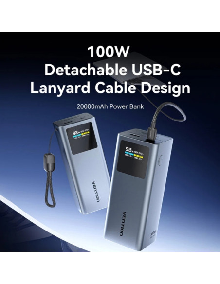 Vention Powerbank de 20000mAh - Potencia de Salida hasta 100W - Power Delivery - USB-A - USB-C - Pantalla TFT - Tecnologia PPS y