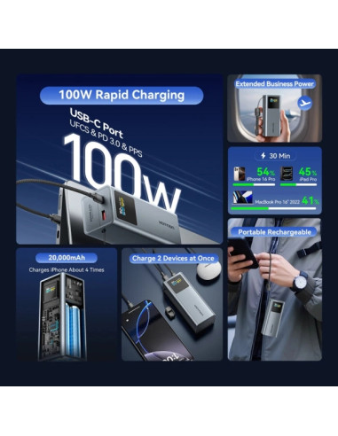 Vention Powerbank de 20000mAh - Potencia de Salida hasta 100W - Power Delivery - USB-A - USB-C - Pantalla TFT - Tecnologia PPS y