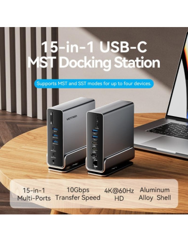 Vention Docking Station 15 en 1 USB-C a DisplayPort/2xHDMI/USB-C 3.2 Gen2/USB-C 3.2 Gen1/2xUSB 3.2 Gen2/USB3.0/2xUSB2.0/RJ45/SD/