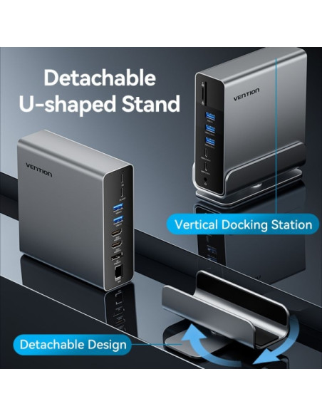 Vention Docking Station 15 en 1 USB-C a DisplayPort/2xHDMI/USB-C 3.2 Gen2/USB-C 3.2 Gen1/2xUSB 3.2 Gen2/USB3.0/2xUSB2.0/RJ45/SD/