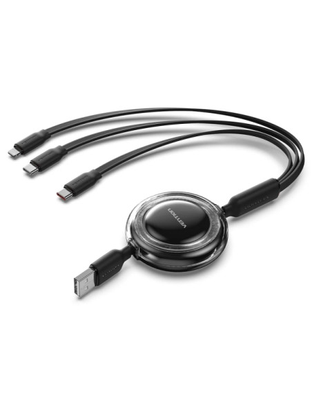 Vention Cable USB Multiple - Longitud Ajustable hasta 1.1m - Retractil - USB-A - 2xUSB-C - Lightning - Velocidad hasta 480Mbps -