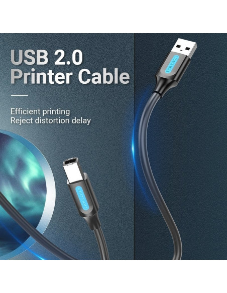 Cable USB 2.0 Impresora Vention COQBN/ USB Tipo-B Macho - USB Macho/ 480Mbps/ 15m/ Negro