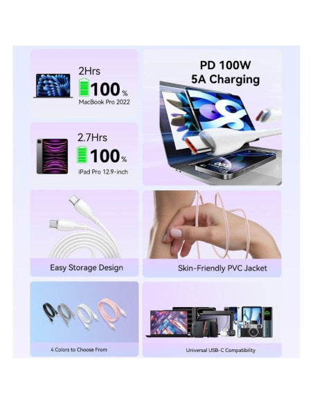 Cable USB 2.0 Tipo-C Vention TRWWH/ USB Tipo-C Macho - USB Tipo-C Macho/ Hasta 100W/ 480Mbps/ 2m/ Blanco