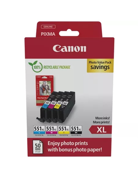 Canon CLI551XL Pack de 4 Cartuchos de Tinta Originales + 50 Hojas de Papel Fotografico - 6443B008/6443B006