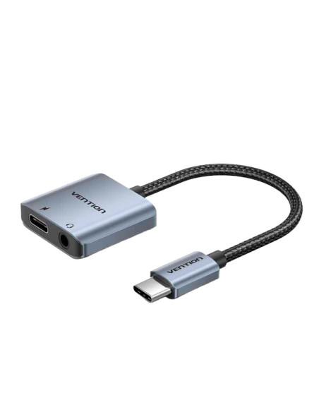Vention Adapatador de Audio DAC - USB-C Macho - Jack 3.5mm Hembra - USB-C Hembra - Power Delivery 60W - Cable 10cm - Aluminio -