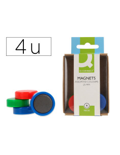 Iman para sujecion q-connect ideal para pizarras magneticas 25 mm colores surtidos caja de 4 unidades