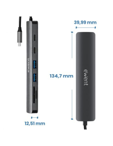 Ewent USB-C Dock 7 en 1 - 1x USB-C, 2x USB-A 3.2 Gen1, 1x HDMI 4K/60Hz, 1x SD/TF 2.0, 1x MicroSD, 1x USB-C PD 100W - Color Gris