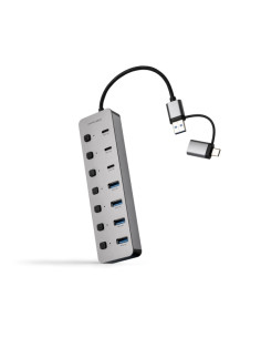 Nanocable Hub USBA/USB-C - 4x USB-A + 3x USB-C 3.0 + USB-C 5V - Interruptores Individuales ON/OFF - Cable 18cm - Color Plata