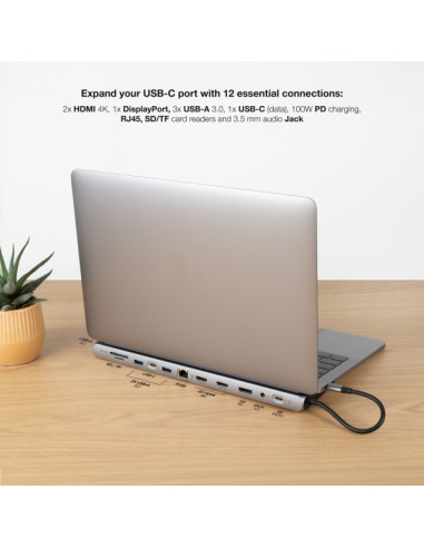Nanocable HUB USB-C 11 en 1 - Conversor USB-C 3.1 a 3 x USB-A 3.0 + USB-C + USB-C 2 PD 100W + 2 x HDMI 4K60Hz + Displayport 4K60
