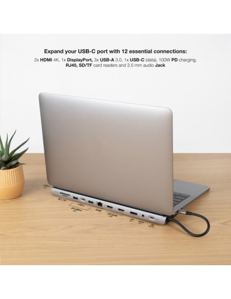 Nanocable HUB USB-C 11 en 1 - Conversor USB-C 3.1 a 3 x USB-A 3.0 + USB-C + USB-C 2 PD 100W + 2 x HDMI 4K60Hz + Displayport 4K60