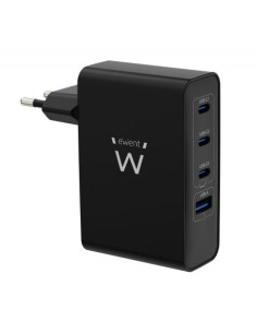 Ewent EW1330 Cargador GaN Universal de Pared 100W Ultrarapido - 3x USB-C PD 3.0 y 1x USB-A QC 3.0 - Color Negro