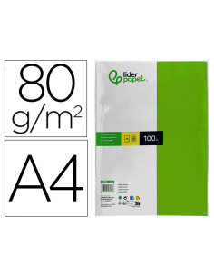 Papel color liderpapel a4 80gr verde intenso paquete de 100 hojas