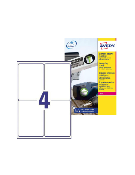 Etiqueta adhesiva resistente avery poliester blanco 99,1x139 mm para impresora laser pack de 32 unidades