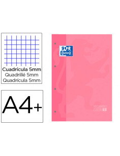 Recambio color 1 oxford din a4+ 80 hojas 90 gr cuadro 5 mm 4 taladros color rosa chicle