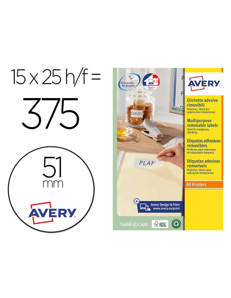 Etiqueta adhesiva avery blanca redonda removible para laser ink-jet fotocopiadora 51 mm caja de 375 unidades