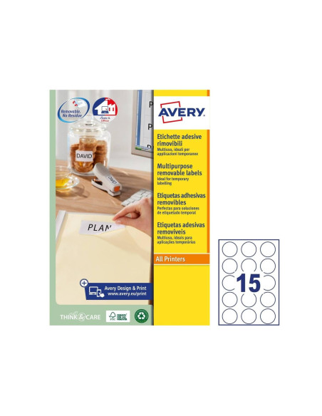 Etiqueta adhesiva avery blanca redonda removible para laser ink-jet fotocopiadora 51 mm caja de 375 unidades