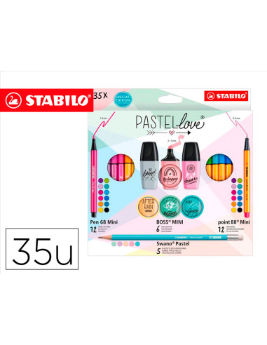 Set stabilo pastel love mini world pen 68 / point 88 / boss / swano 35 unidades surtidas