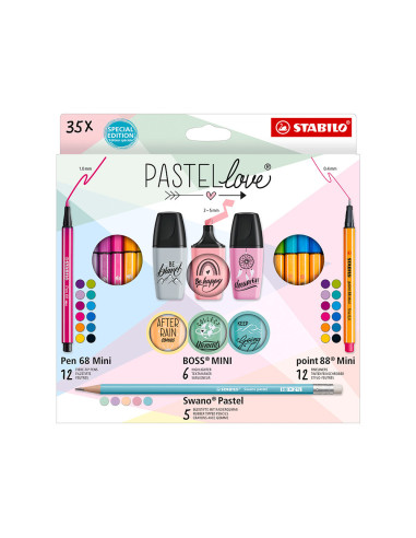 Set stabilo pastel love mini world pen 68 / point 88 / boss / swano 35 unidades surtidas
