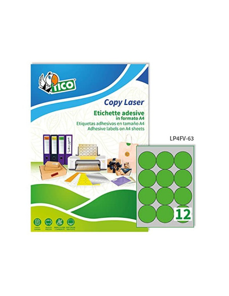 Etiqueta adhesiva tico verde f luorescentes permanente fsc laser/inkjet/fotocopia redonda 63,5mm caja de 840 unidades