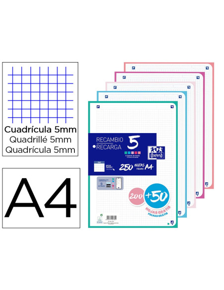 Recambio oxford din a4 200+50 hojas gratis cuadro 5 mm 4 taladros con banda 5 colores pastel