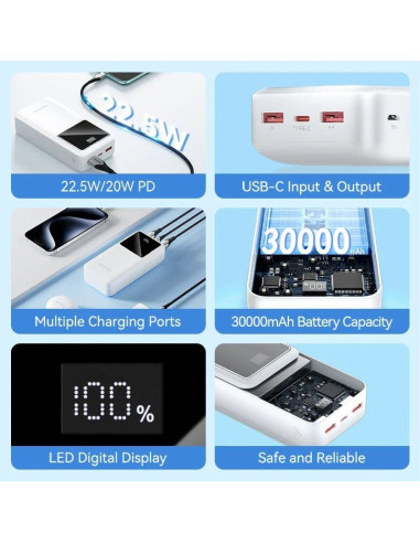 Powerbank 30000mAh Vention FHMW0/ 22.5W/ Blanca