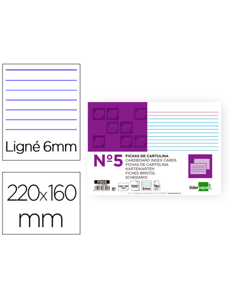 Ficha liderpapel rayada nº5 160x220 mm 180g/m2 paquete de 100 unidades