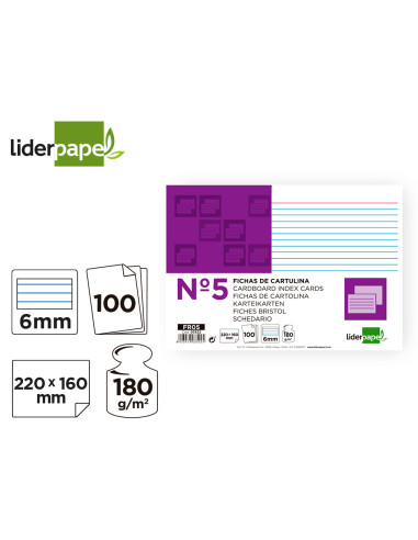 Ficha liderpapel rayada nº5 160x220 mm 180g/m2 paquete de 100 unidades