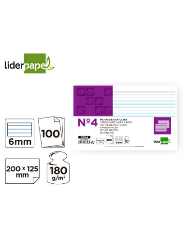 Ficha liderpapel rayada nº4 125x200 mm 180g/m2 paquete de 100 unidades