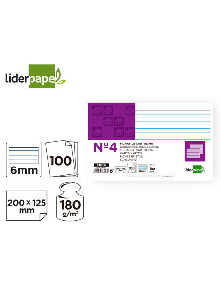 Ficha liderpapel rayada nº4 125x200 mm 180g/m2 paquete de 100 unidades