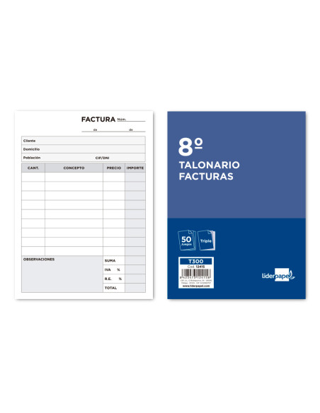 Talonario liderpapel facturas 8º original y 2 copias t300 con i.v.a.