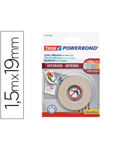 Cinta doble cara tesa interiores 1,5 mt x 19 mm