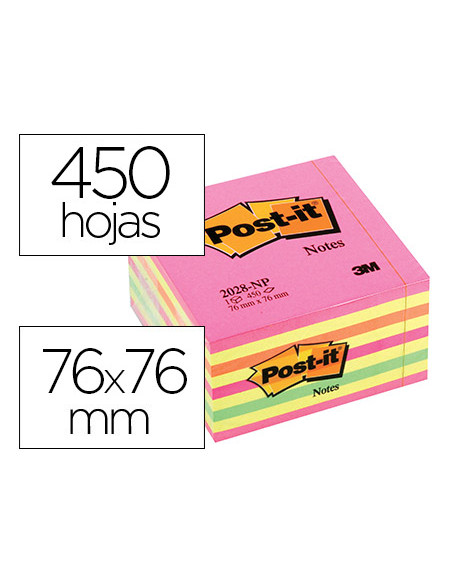 Bloc de notas adhesivas quita y pon post-it 76x76 mm cubo color rosa neon 450 hojas