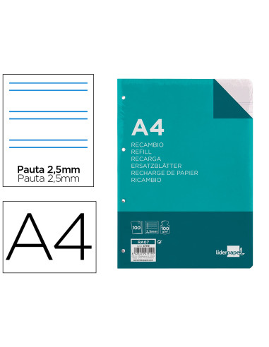 Recambio liderpapel a4 100 hojas 100g/m2 pauta 5ª 2.5mm con margen 4 taladros