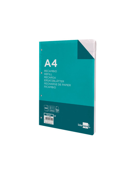 Recambio liderpapel a4 100 hojas 100g/m2 pauta 5ª 2.5mm con margen 4 taladros