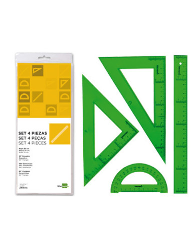 Juego escuadra cartabon regla 30 cm y semicirculo en petaca liderpapel verde
