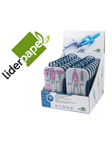 Compas liderpapel con adapatador alargadera y mango extra soft expositor de 16 estuches 2 modelos