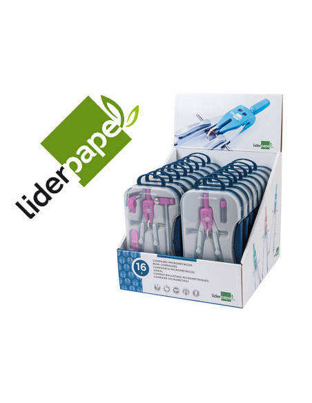 Compas liderpapel con adapatador alargadera y mango extra soft expositor de 16 estuches 2 modelos