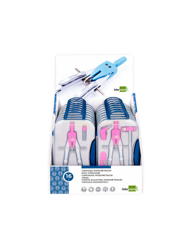 Compas liderpapel con adapatador alargadera y mango extra soft expositor de 16 estuches 2 modelos