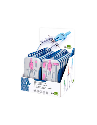 Compas liderpapel con adapatador alargadera y mango extra soft expositor de 16 estuches 2 modelos