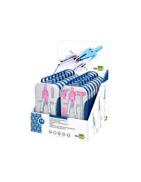 Compas liderpapel con adapatador alargadera y mango extra soft expositor de 16 estuches 2 modelos