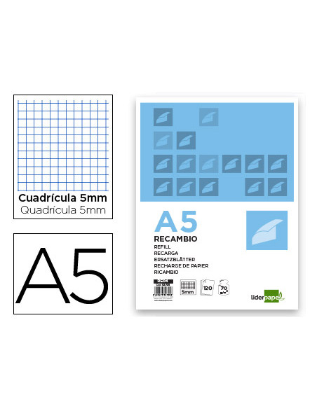 Recambio liderpapel a5 120 hojas 75g/m2 cuadro 5mm sin margen 6 taladros bandas de 5 colores