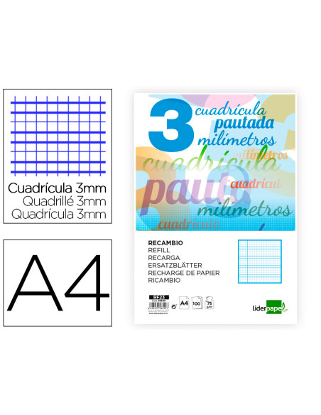 Recambio liderpapel a4 pautaguia 100 hojas 75 g cuadriculado pautado 3 mm con margen 4 taladros