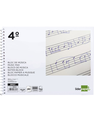 Bloc musica liderpapel combi pentagrama cuadriculado 2,5mm cuarto 20 hojas 100g/m2