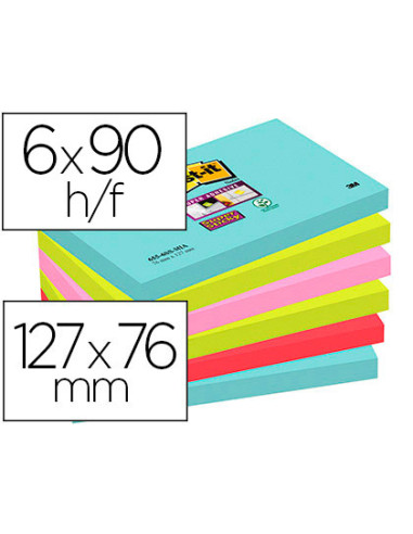 Bloc de notas adhesivas quita y pon post-it super sticky 76x127 mm con 90 hojas pack de 6 unidades colores miami