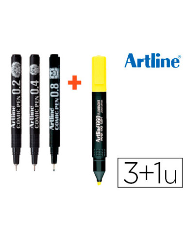 Rotulador artline comic pen calibrado micrometrico negro bolsa de 3 uds 0,2 0,4 0,8 + fluorescente 660