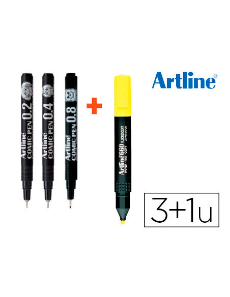 Rotulador artline comic pen calibrado micrometrico negro bolsa de 3 uds 0,2 0,4 0,8 + fluorescente 660