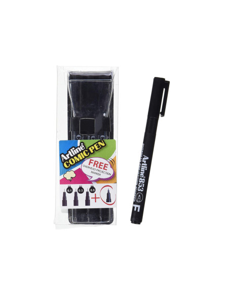 Rotulador artline comic pen calibrado micrometrico negro bolsa de 3 uds 0,2 0,4 0,8 + fluorescente 660