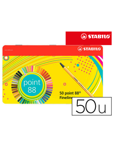 Rotulador stabilo punta de fibra 0,4 mm point 88 estuche metal 50 colores surtidos