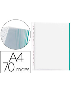Funda multitaladro q-connect din a4 70 mc pp cristal con borde verde bolsa de 10 unidades